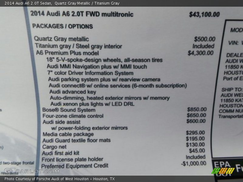 Quartz Gray Metallic / Titanium Gray 2014 Audi A6 2.0T Sedan