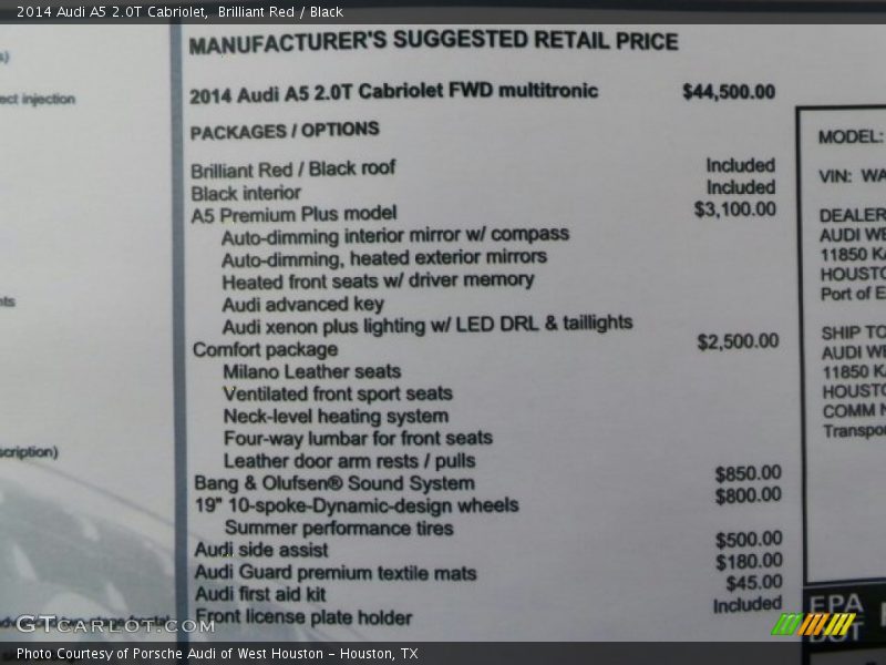  2014 A5 2.0T Cabriolet Window Sticker