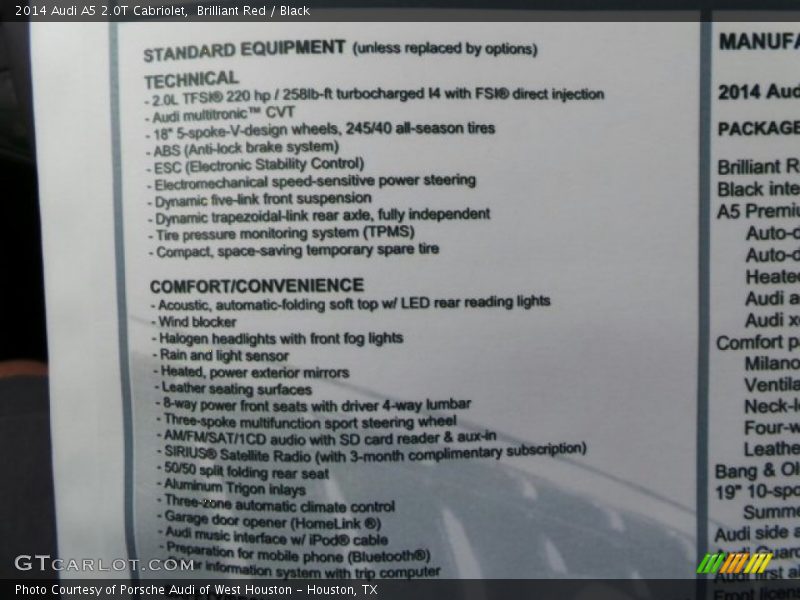  2014 A5 2.0T Cabriolet Window Sticker