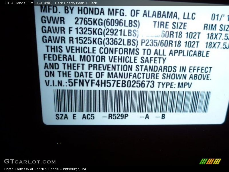 Dark Cherry Pearl / Black 2014 Honda Pilot EX-L 4WD