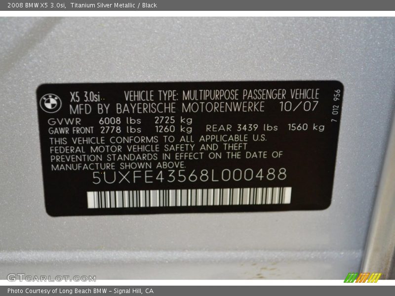 Titanium Silver Metallic / Black 2008 BMW X5 3.0si
