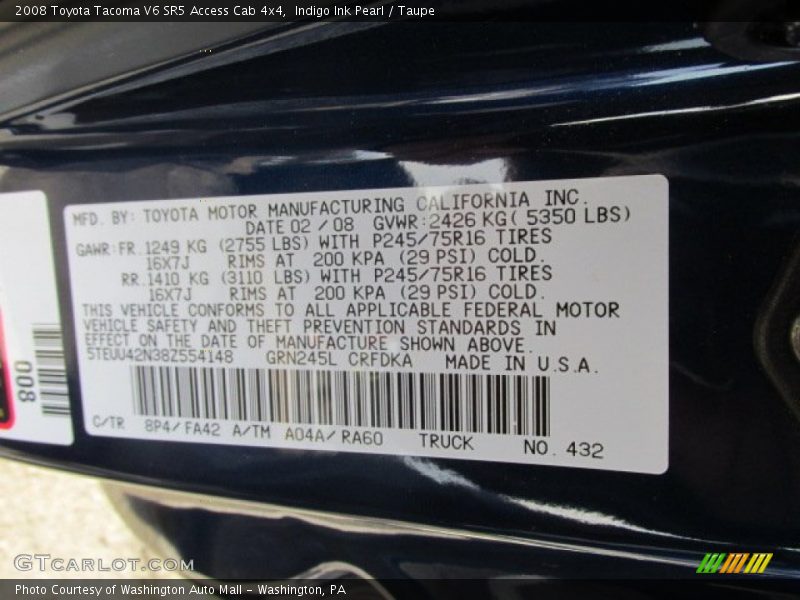 Indigo Ink Pearl / Taupe 2008 Toyota Tacoma V6 SR5 Access Cab 4x4
