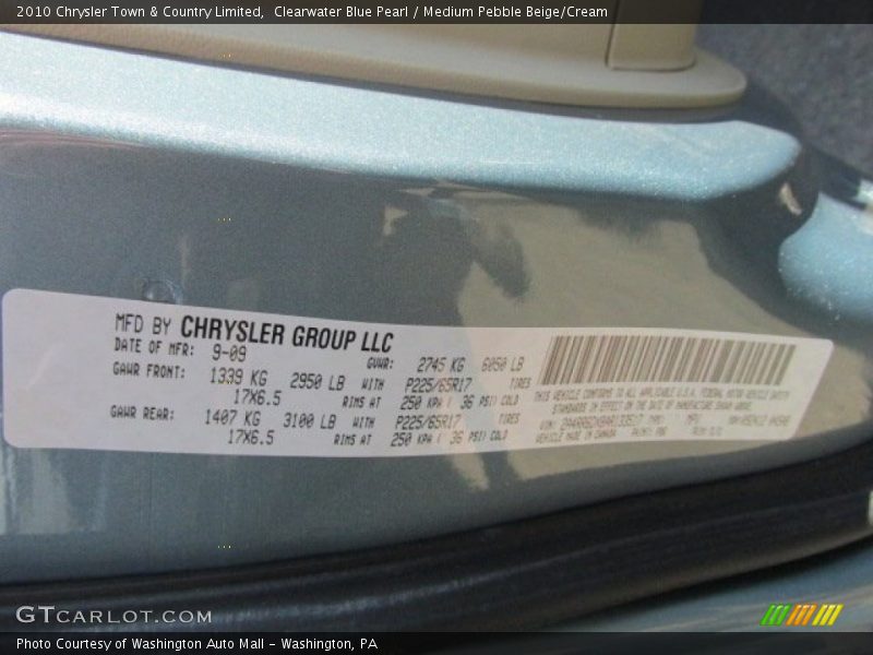 Clearwater Blue Pearl / Medium Pebble Beige/Cream 2010 Chrysler Town & Country Limited
