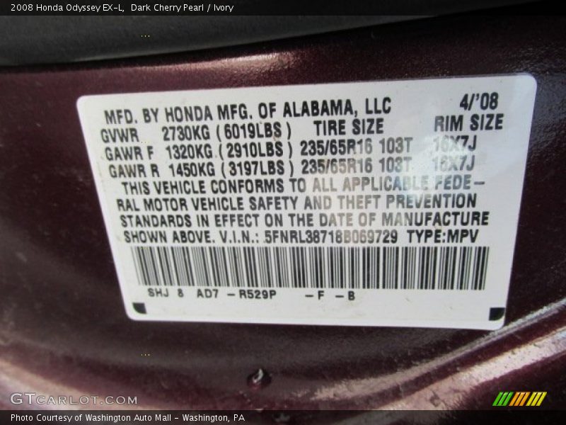 Dark Cherry Pearl / Ivory 2008 Honda Odyssey EX-L
