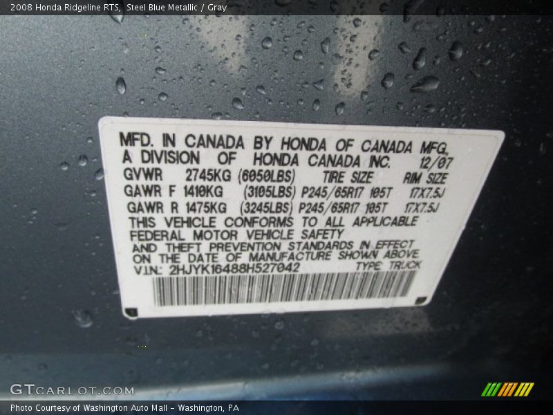 Steel Blue Metallic / Gray 2008 Honda Ridgeline RTS
