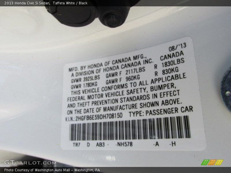 Taffeta White / Black 2013 Honda Civic Si Sedan
