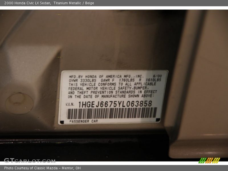 Titanium Metallic / Beige 2000 Honda Civic LX Sedan