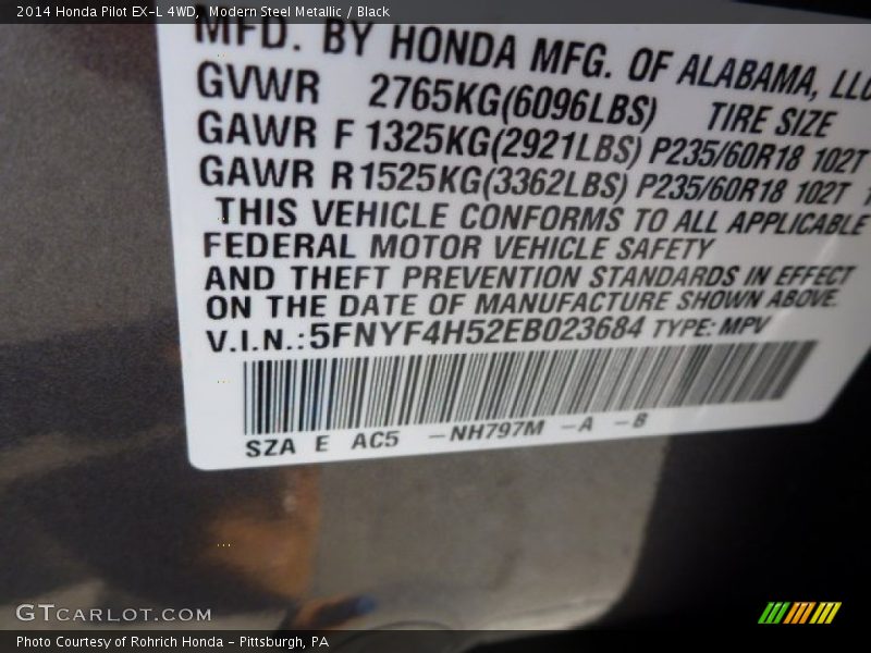 Modern Steel Metallic / Black 2014 Honda Pilot EX-L 4WD
