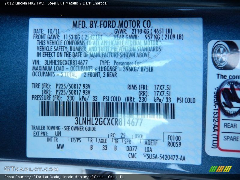 Steel Blue Metallic / Dark Charcoal 2012 Lincoln MKZ FWD