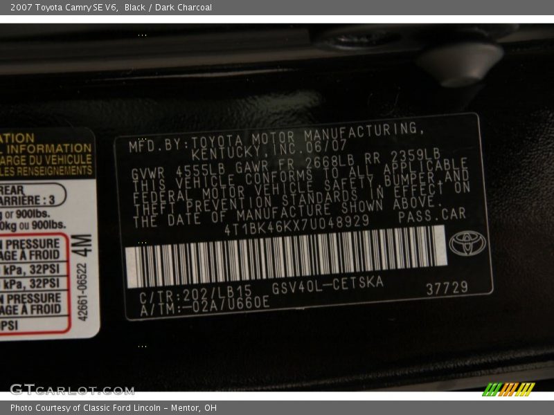 Black / Dark Charcoal 2007 Toyota Camry SE V6