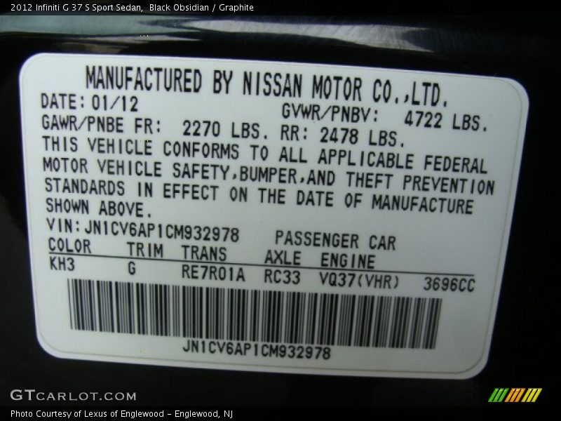 Black Obsidian / Graphite 2012 Infiniti G 37 S Sport Sedan