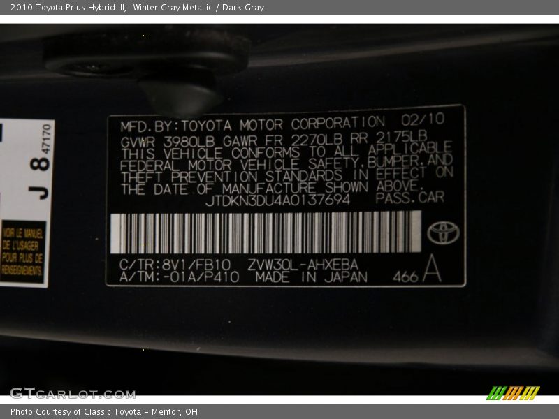 Winter Gray Metallic / Dark Gray 2010 Toyota Prius Hybrid III