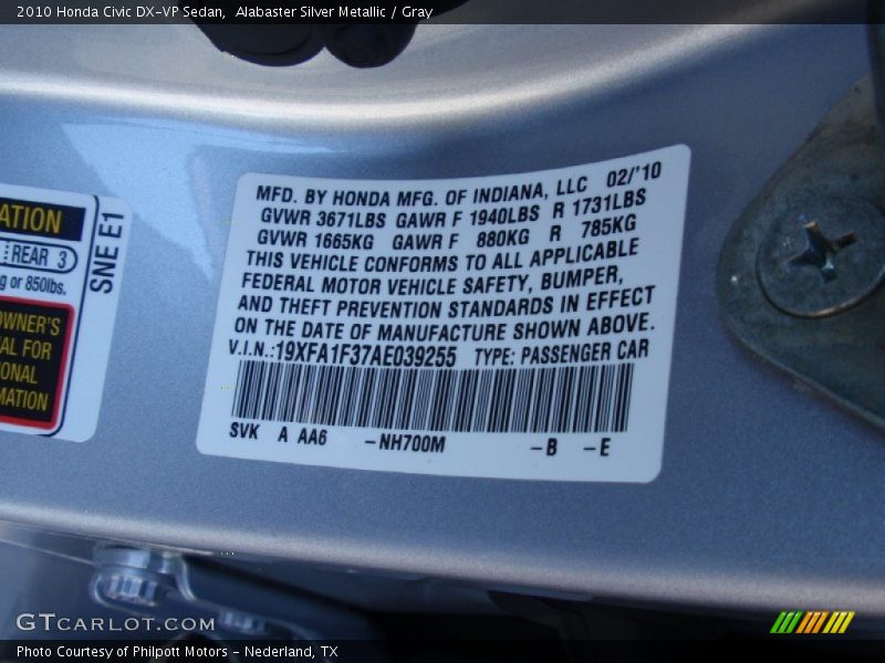 Alabaster Silver Metallic / Gray 2010 Honda Civic DX-VP Sedan
