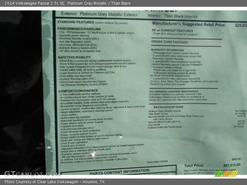 Platinum Gray Metallic / Titan Black 2014 Volkswagen Passat 2.5L SE