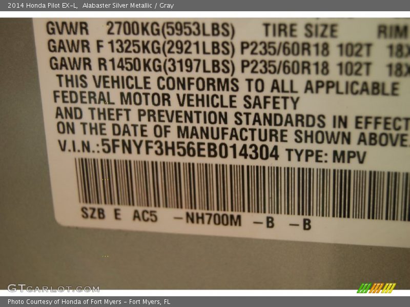 Alabaster Silver Metallic / Gray 2014 Honda Pilot EX-L