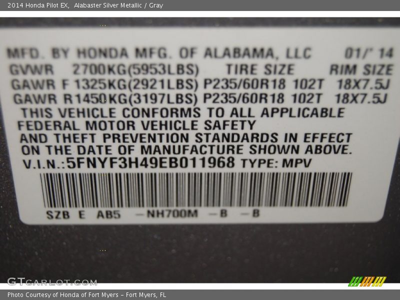 Alabaster Silver Metallic / Gray 2014 Honda Pilot EX