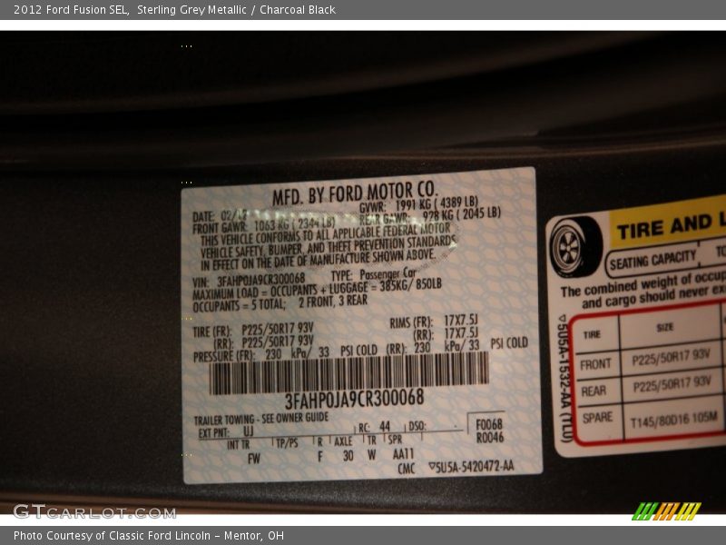Sterling Grey Metallic / Charcoal Black 2012 Ford Fusion SEL