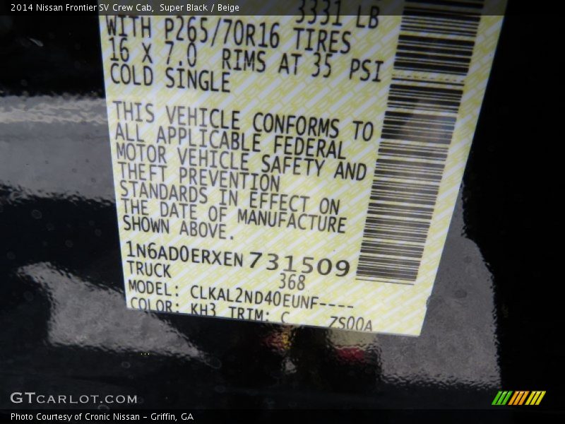 2014 Frontier SV Crew Cab Super Black Color Code KH3