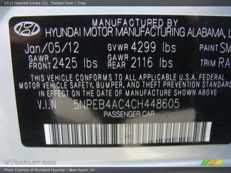 Radiant Silver / Gray 2012 Hyundai Sonata GLS