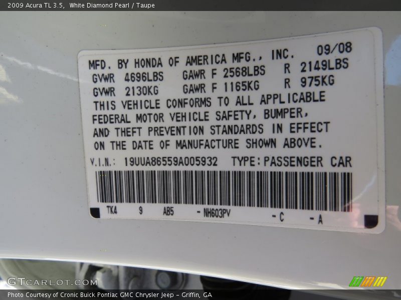 White Diamond Pearl / Taupe 2009 Acura TL 3.5