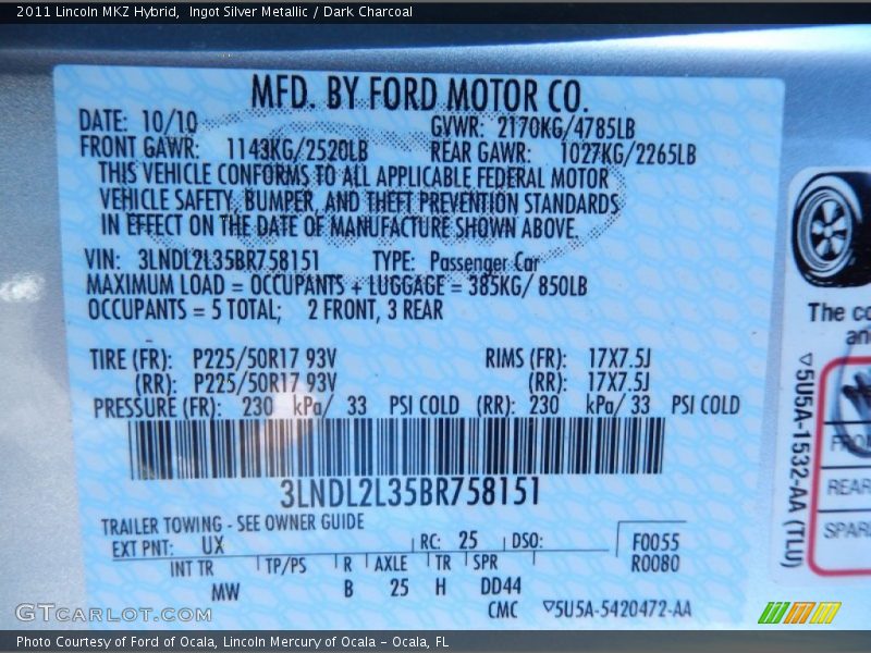 Ingot Silver Metallic / Dark Charcoal 2011 Lincoln MKZ Hybrid