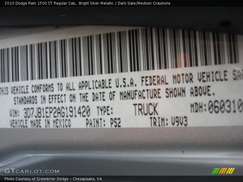 Bright Silver Metallic / Dark Slate/Medium Graystone 2010 Dodge Ram 1500 ST Regular Cab