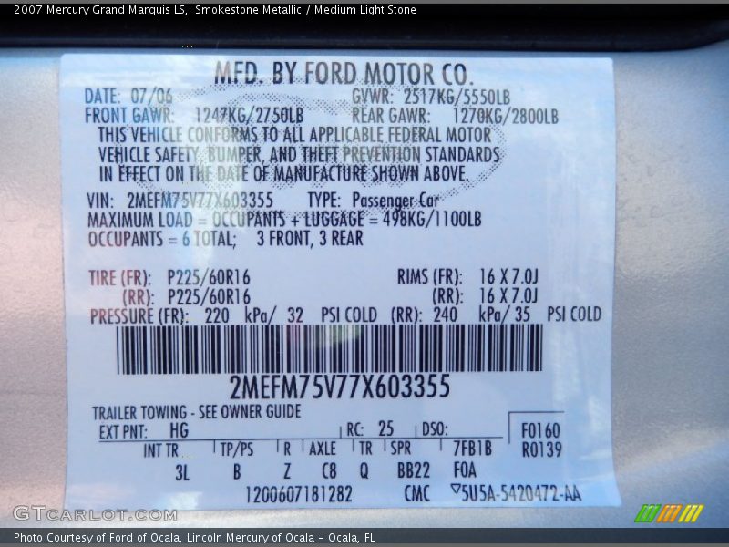 2007 Grand Marquis LS Smokestone Metallic Color Code HG