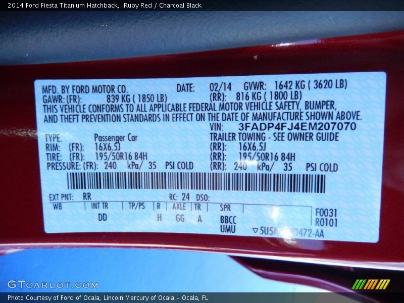 2014 Fiesta Titanium Hatchback Ruby Red Color Code RR