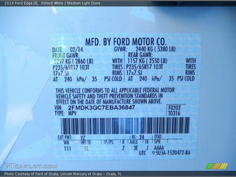 Oxford White / Medium Light Stone 2014 Ford Edge SE
