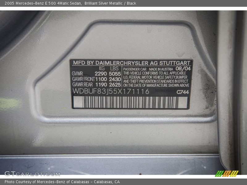 2005 E 500 4Matic Sedan Brilliant Silver Metallic Color Code 744