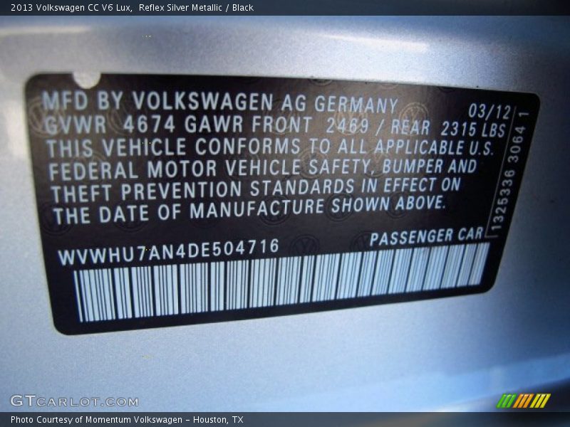 Reflex Silver Metallic / Black 2013 Volkswagen CC V6 Lux