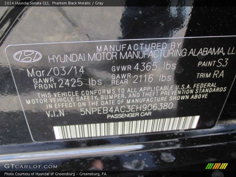 Phantom Black Metallic / Gray 2014 Hyundai Sonata GLS