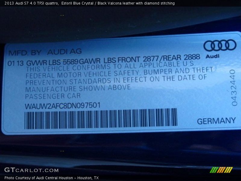 Estoril Blue Crystal / Black Valcona leather with diamond stitching 2013 Audi S7 4.0 TFSI quattro