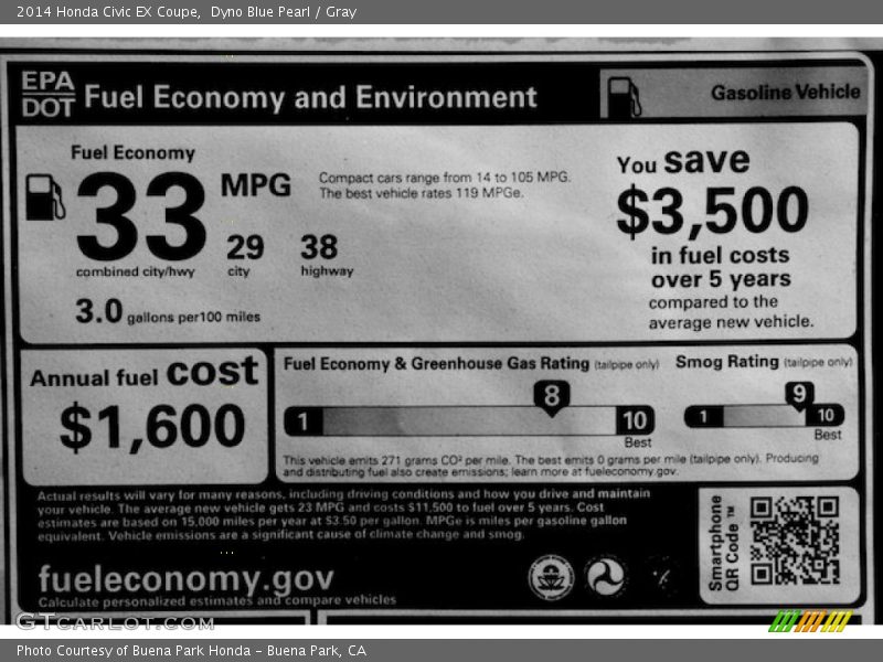 Dyno Blue Pearl / Gray 2014 Honda Civic EX Coupe