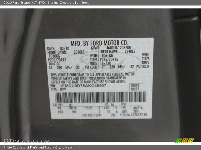 Sterling Grey Metallic / Stone 2010 Ford Escape XLT 4WD