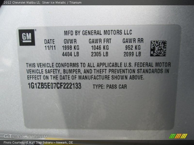 Silver Ice Metallic / Titanium 2012 Chevrolet Malibu LS