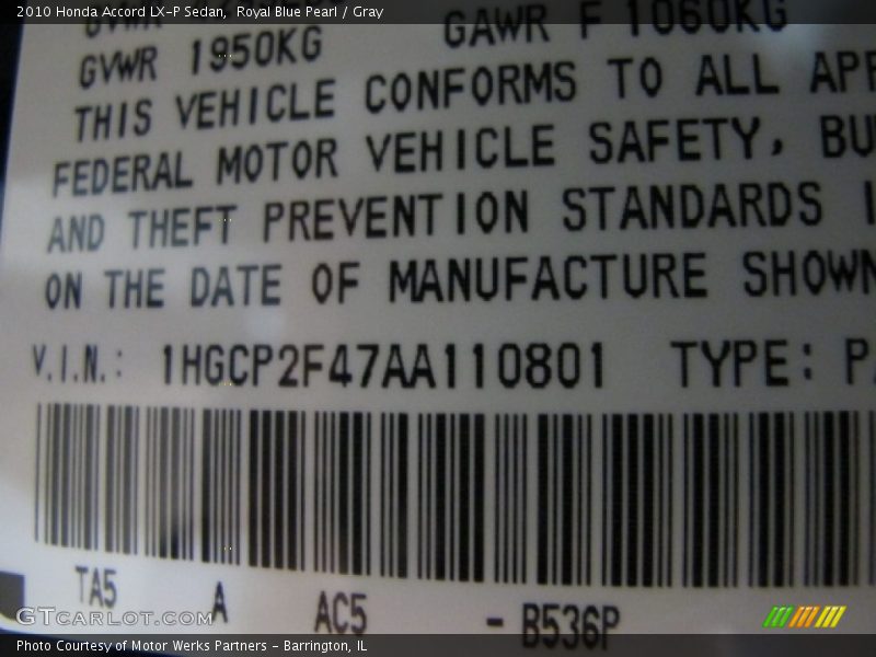 Royal Blue Pearl / Gray 2010 Honda Accord LX-P Sedan