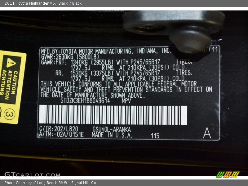 Black / Black 2011 Toyota Highlander V6