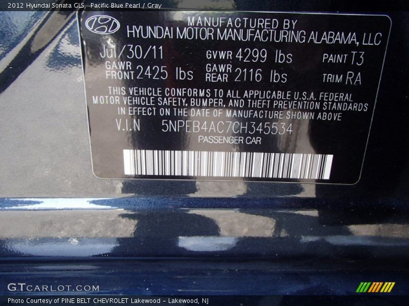 Pacific Blue Pearl / Gray 2012 Hyundai Sonata GLS