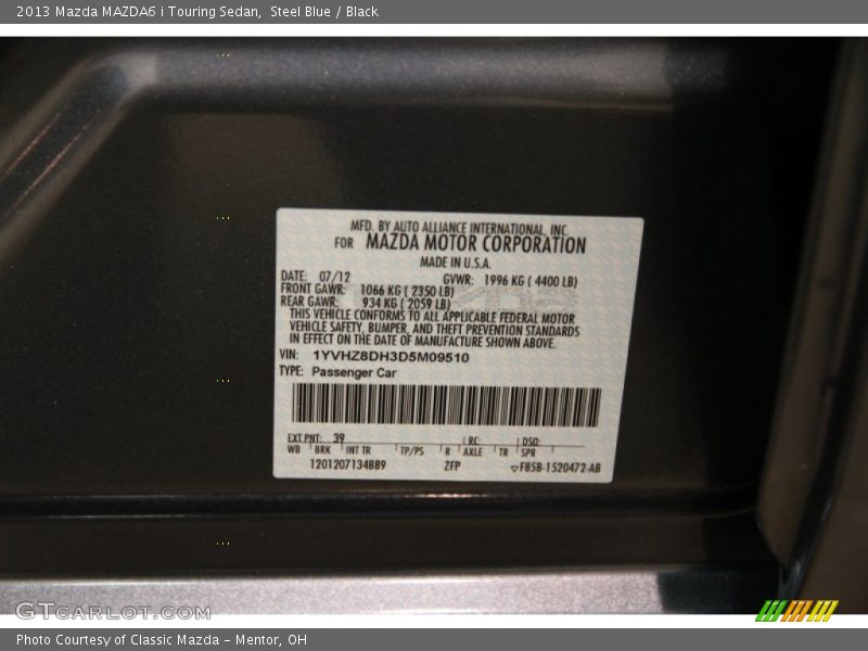 Steel Blue / Black 2013 Mazda MAZDA6 i Touring Sedan