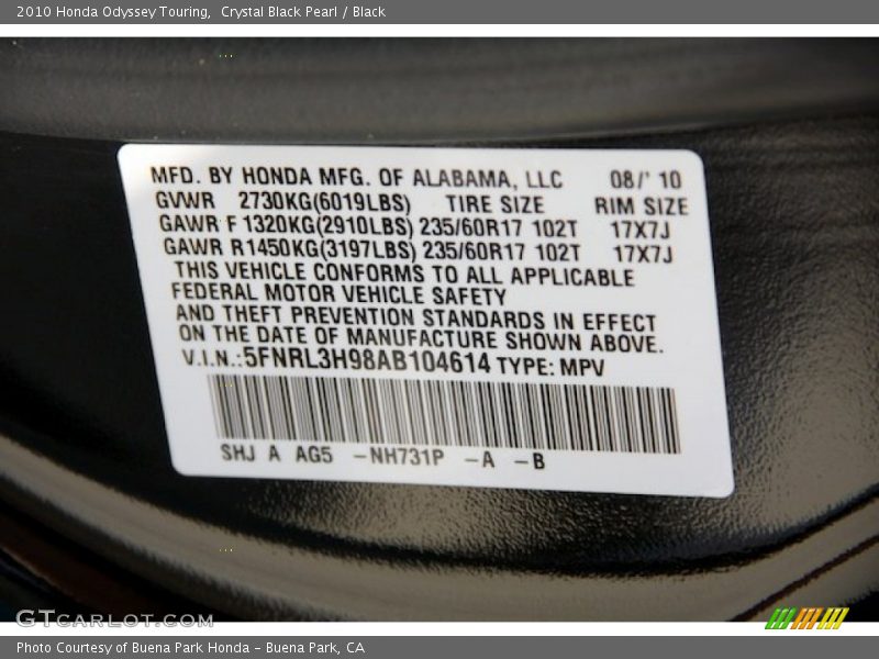 Crystal Black Pearl / Black 2010 Honda Odyssey Touring