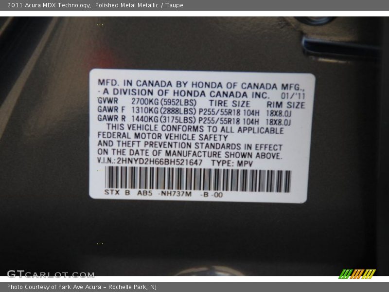 Polished Metal Metallic / Taupe 2011 Acura MDX Technology