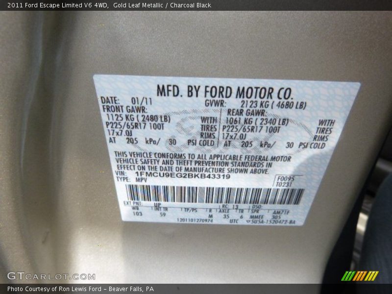 Gold Leaf Metallic / Charcoal Black 2011 Ford Escape Limited V6 4WD