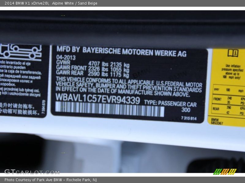2014 X1 xDrive28i Alpine White Color Code 300