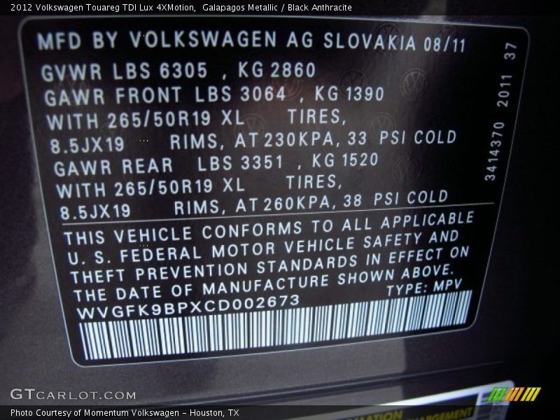 Galapagos Metallic / Black Anthracite 2012 Volkswagen Touareg TDI Lux 4XMotion