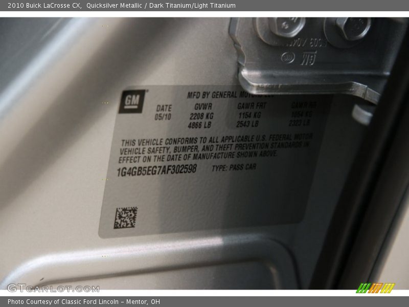 Quicksilver Metallic / Dark Titanium/Light Titanium 2010 Buick LaCrosse CX