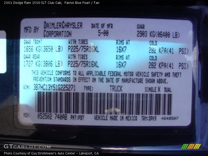 Patriot Blue Pearl / Tan 2001 Dodge Ram 1500 SLT Club Cab