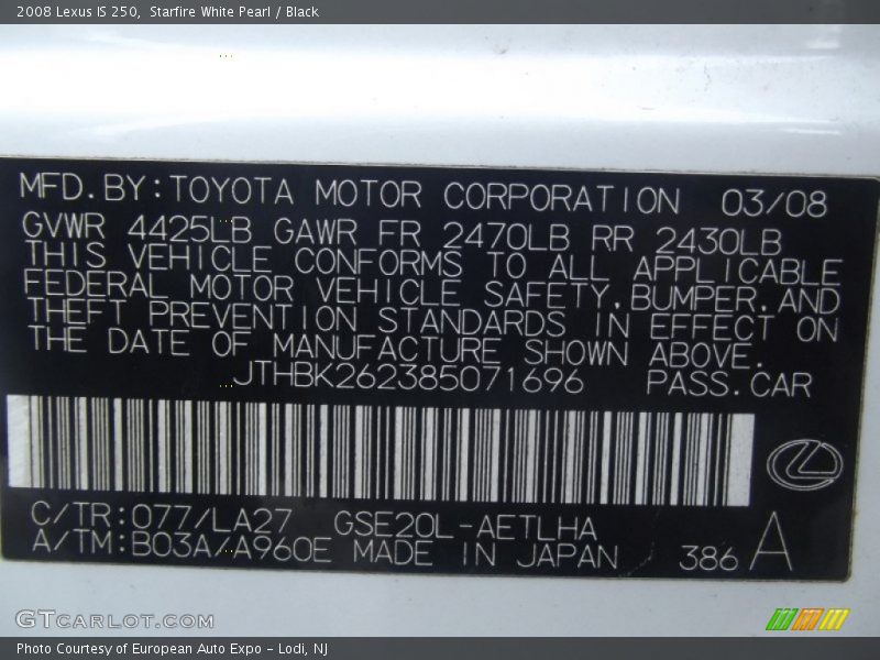 Starfire White Pearl / Black 2008 Lexus IS 250
