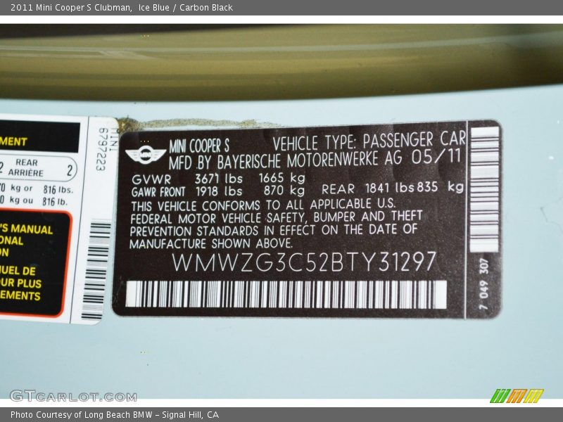 Ice Blue / Carbon Black 2011 Mini Cooper S Clubman