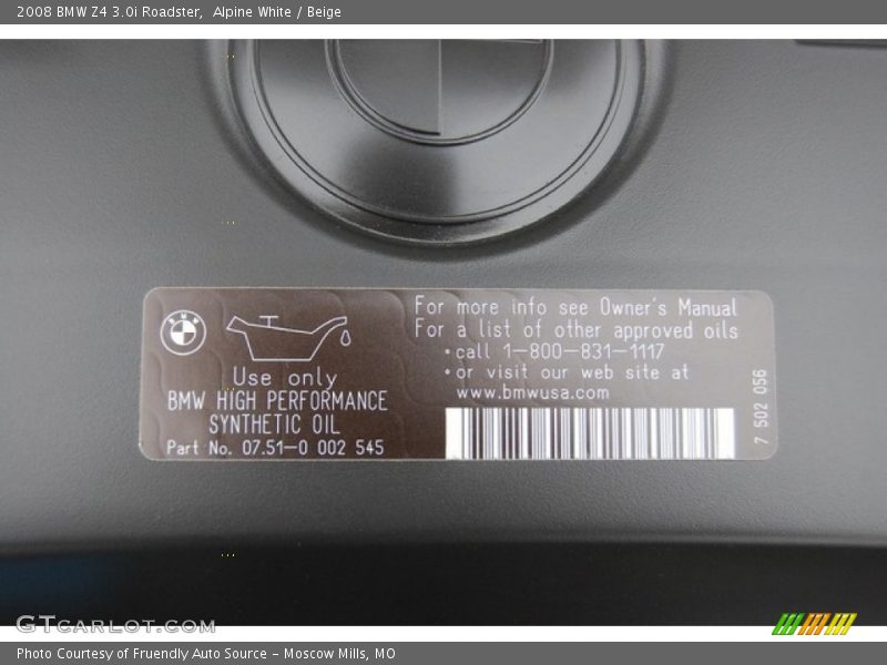 Info Tag of 2008 Z4 3.0i Roadster